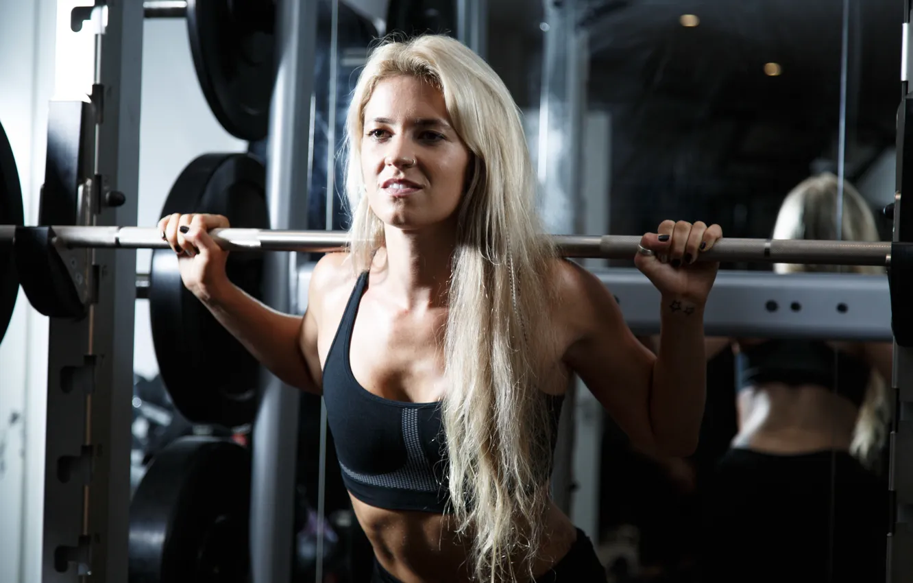 Photo wallpaper woman, blonde, fitness, weight lifting, weight bar