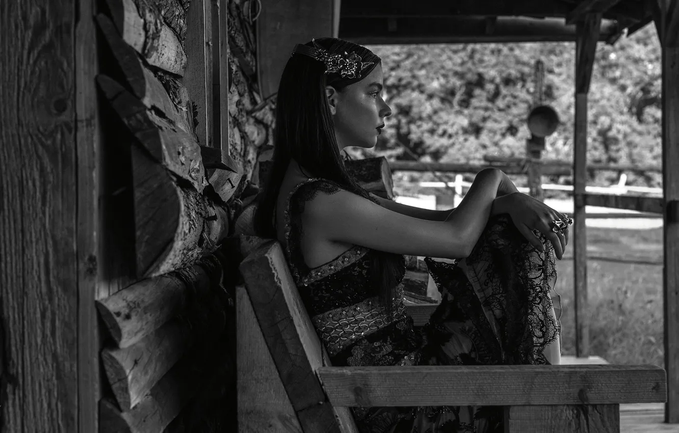 Photo wallpaper decoration, model, makeup, dress, shop, hairstyle, black and white, photoshoot