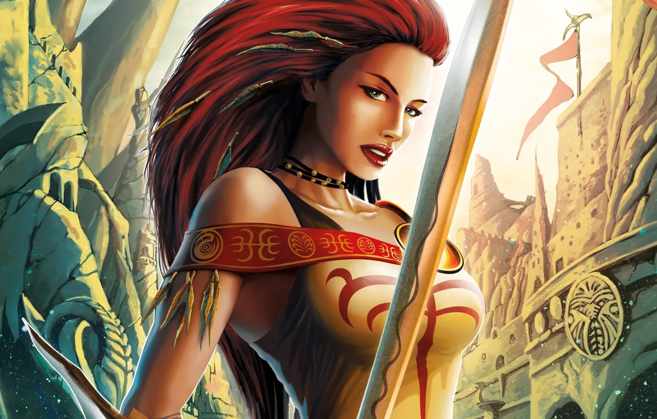 Photo wallpaper girl, the city, weapons, sword, feathers, art, red