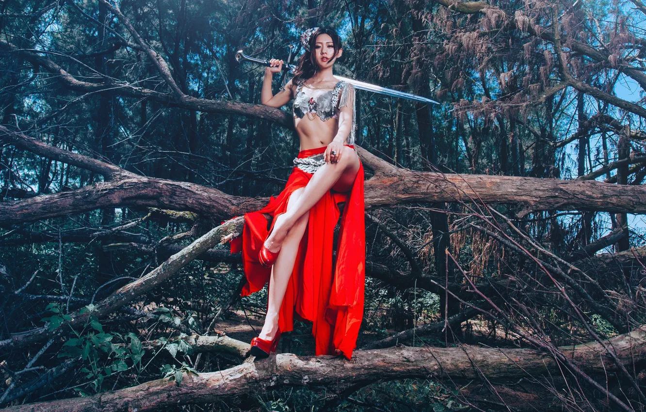 Photo wallpaper trees, pose, style, feet, model, sword, Asian