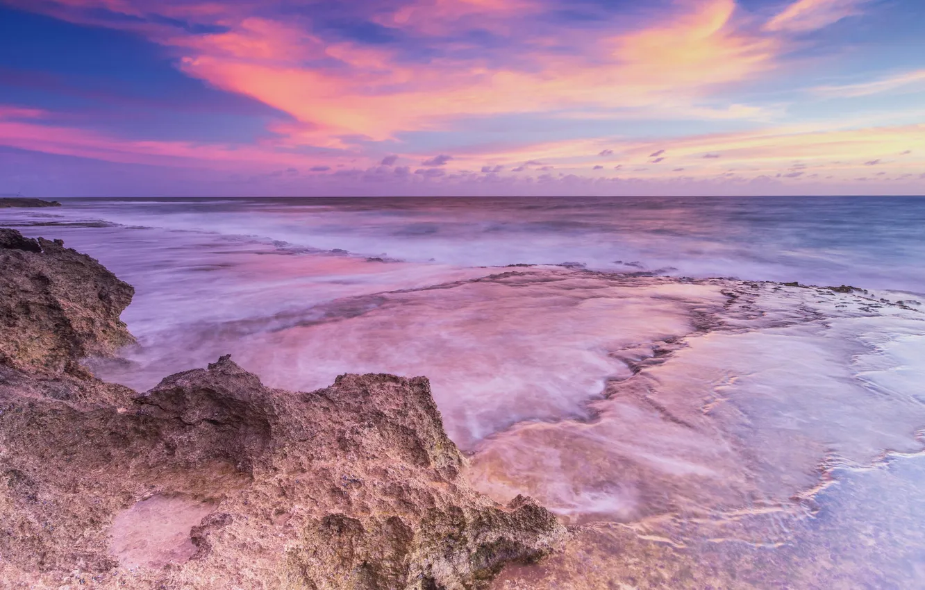 Photo wallpaper sea, the sky, clouds, landscape, rocks, dawn, morning
