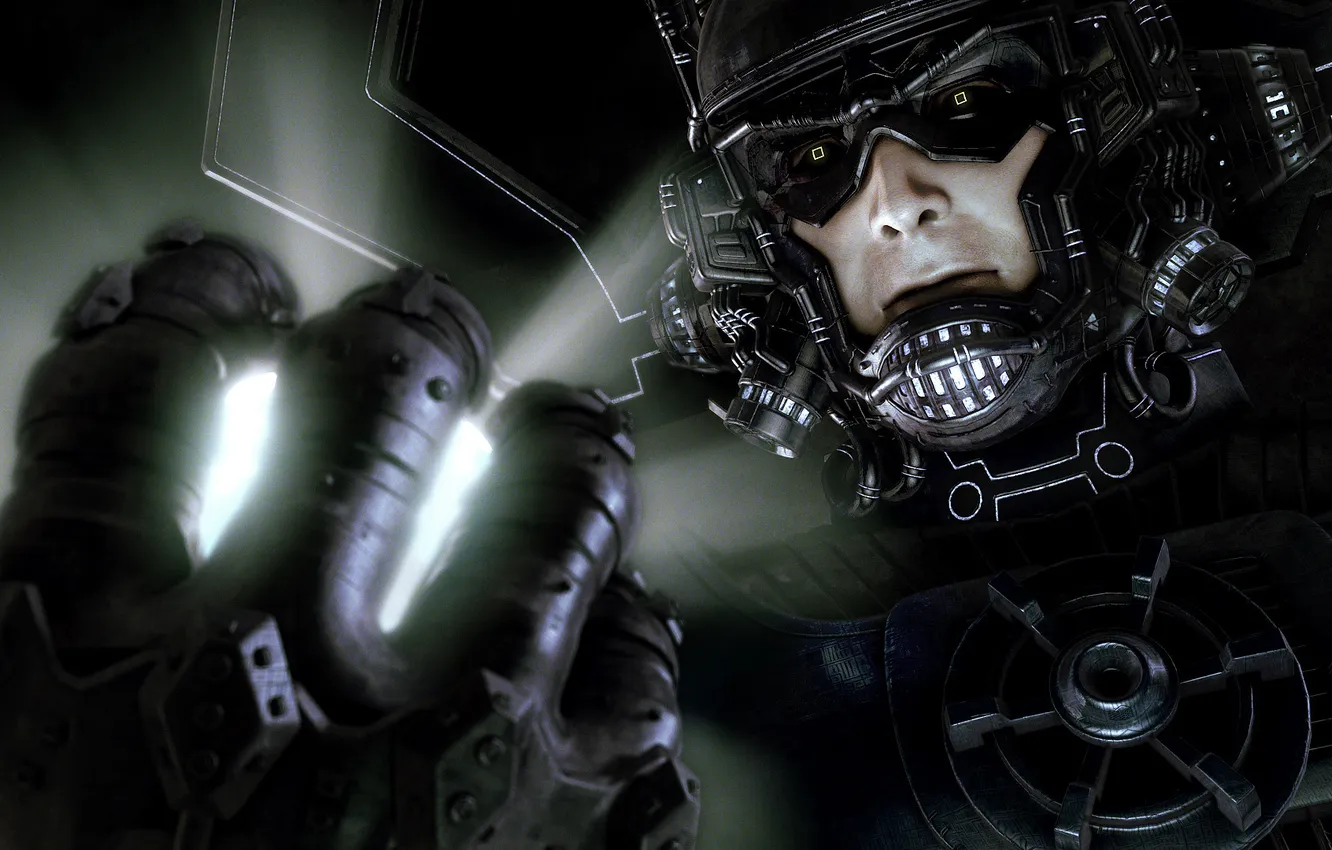 Photo wallpaper eyes, look, light, face, hands, mask, gloves, helmet