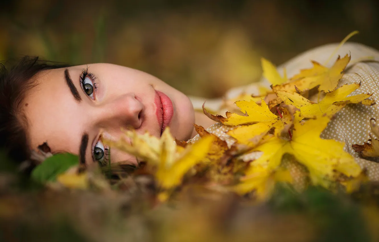 Photo wallpaper autumn, leaves, girl, Joan Le Jan, The eyes Of Love