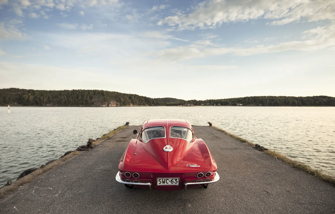 Photo wallpaper lake, Corvette, Chevrolet, pierce, back, Sting Ray, 1963, tail lights