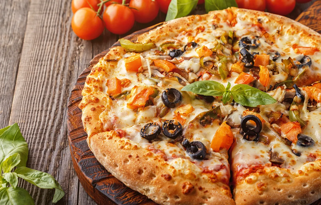 Photo wallpaper leaves, close-up, pizza, tomatoes, bokeh, fast food