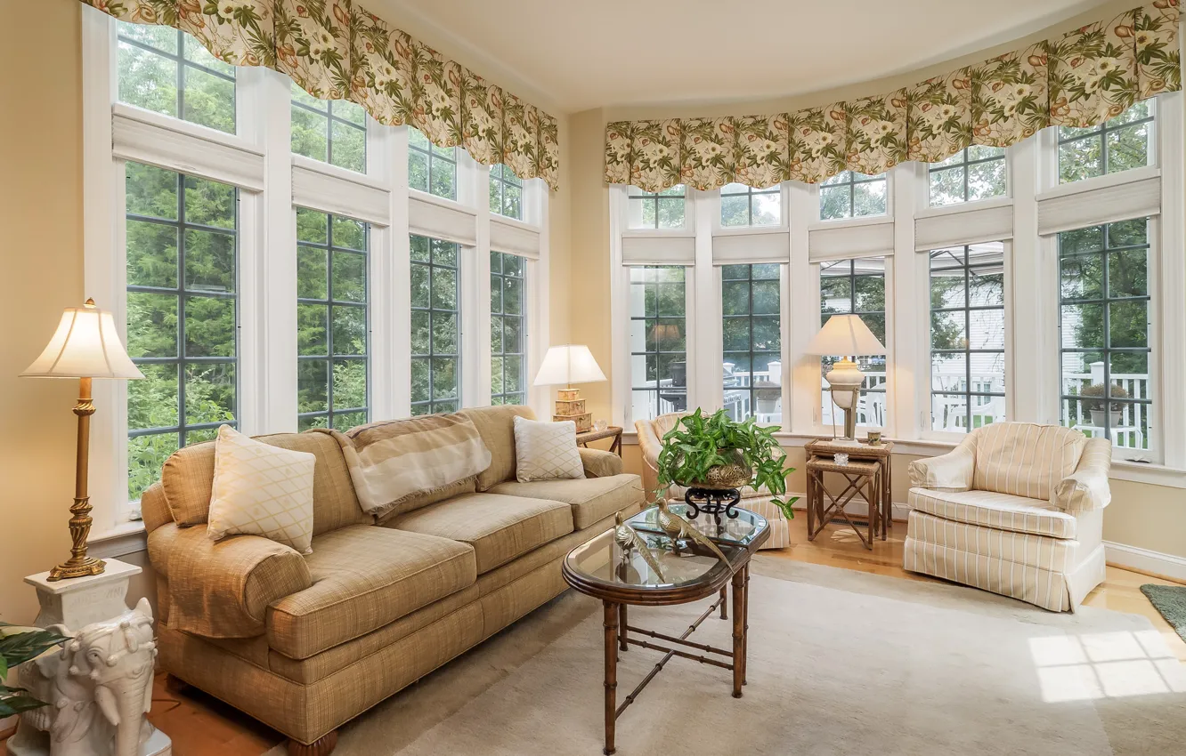 Photo wallpaper design, sofa, lamp, chair, window, table, living room