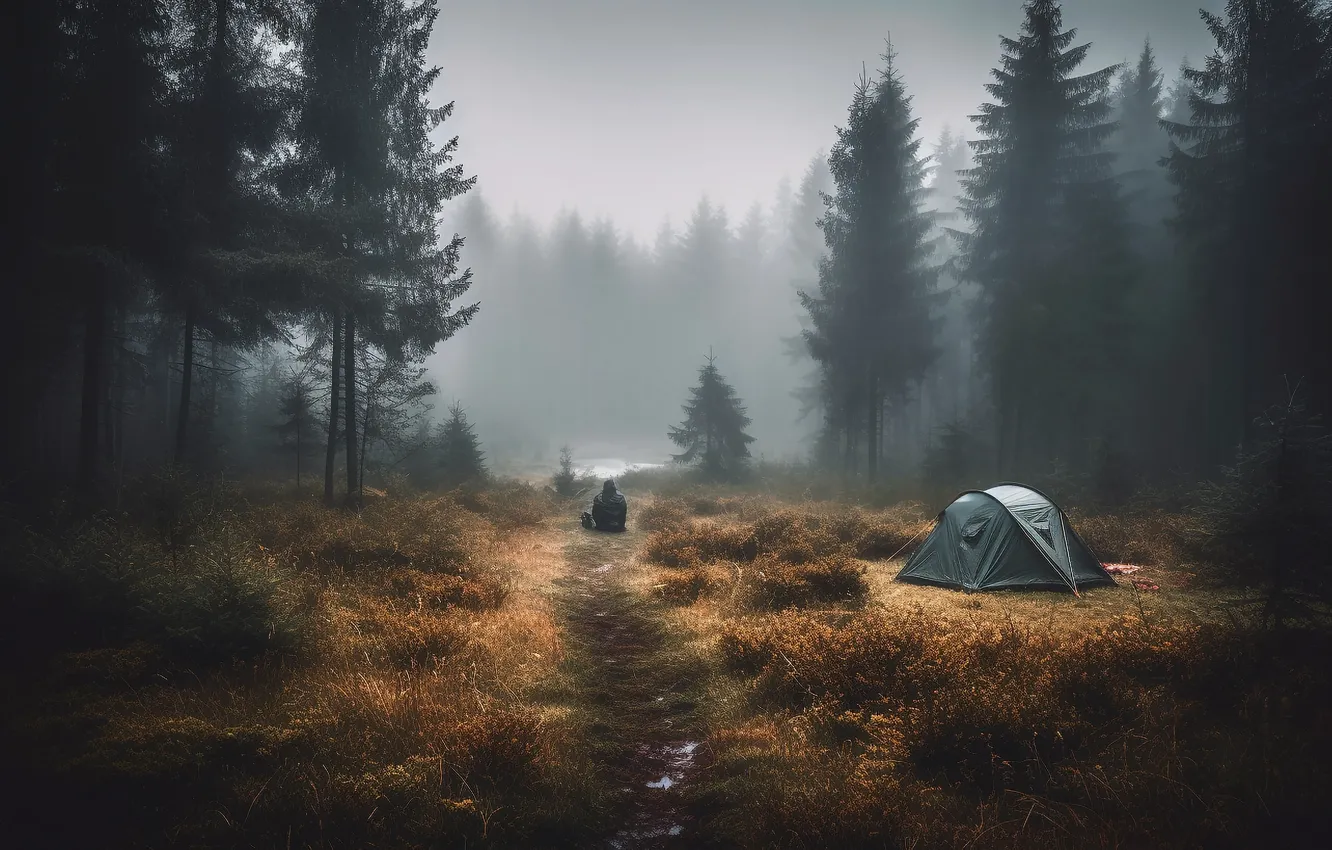 Photo wallpaper autumn, forest, landscape, nature, fog, glade, people, morning