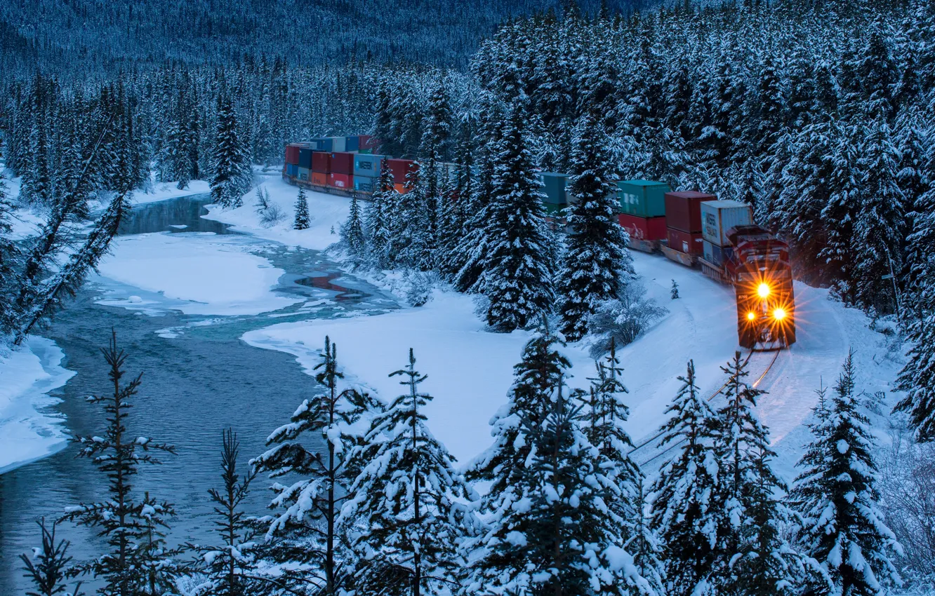 Photo wallpaper winter, forest, snow, lake, train, ate, Canada, Albert