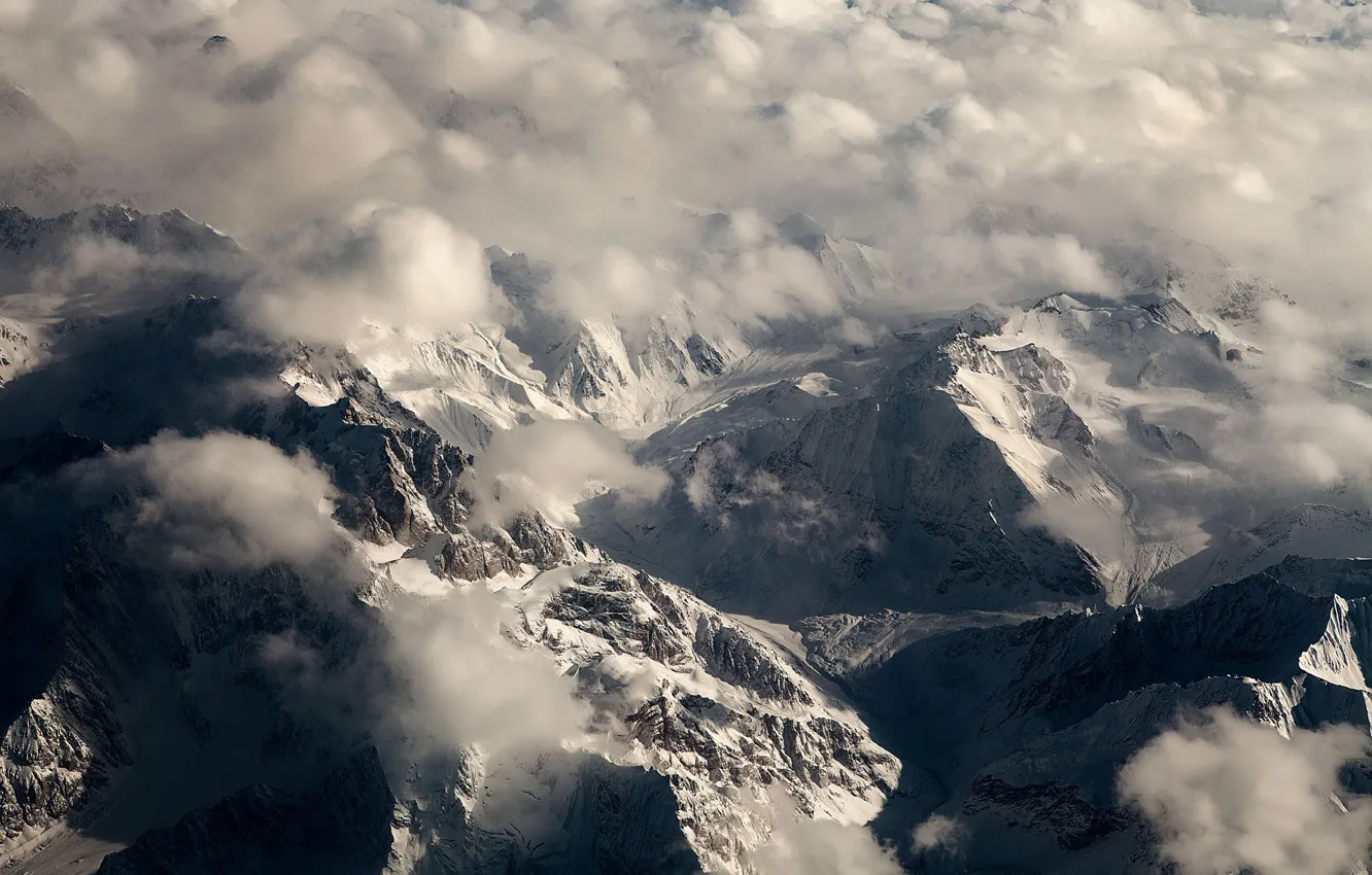 Photo wallpaper landscape, mountains, clouds, snow, top view