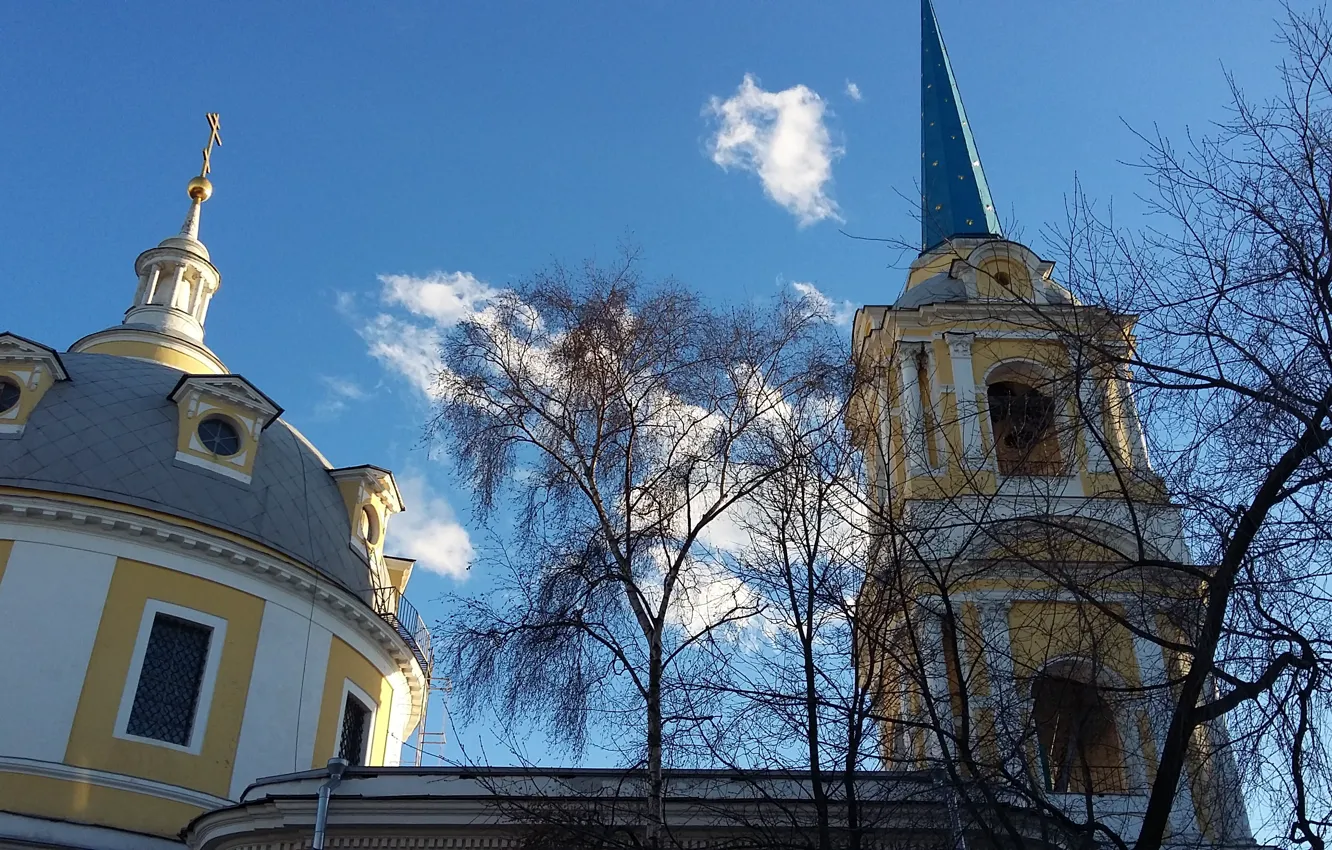 Photo wallpaper the sky, clouds, trees, Church, the dome, spire, March 2017