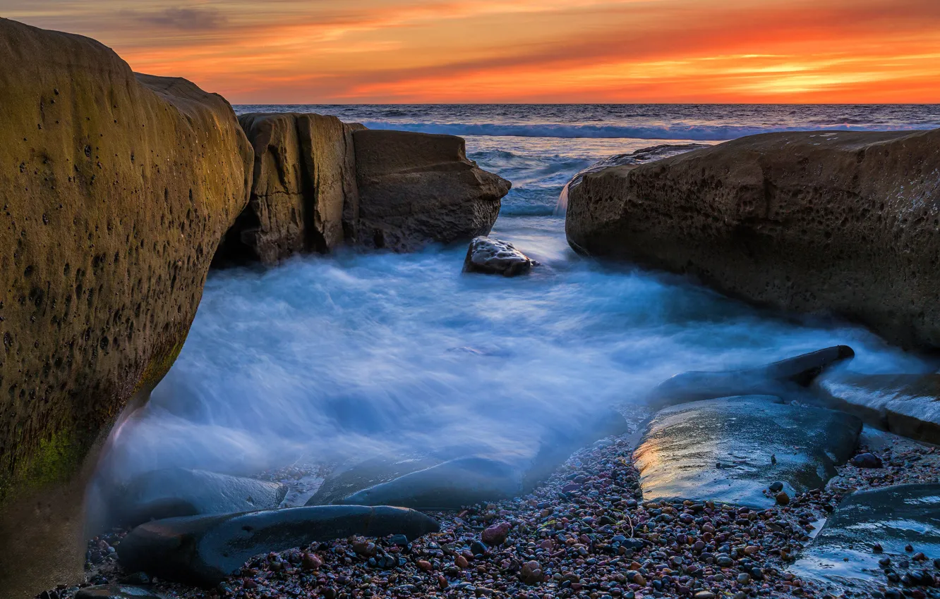 Photo wallpaper sea, wave, clouds, sunset, pebbles, stones, rocks, shore