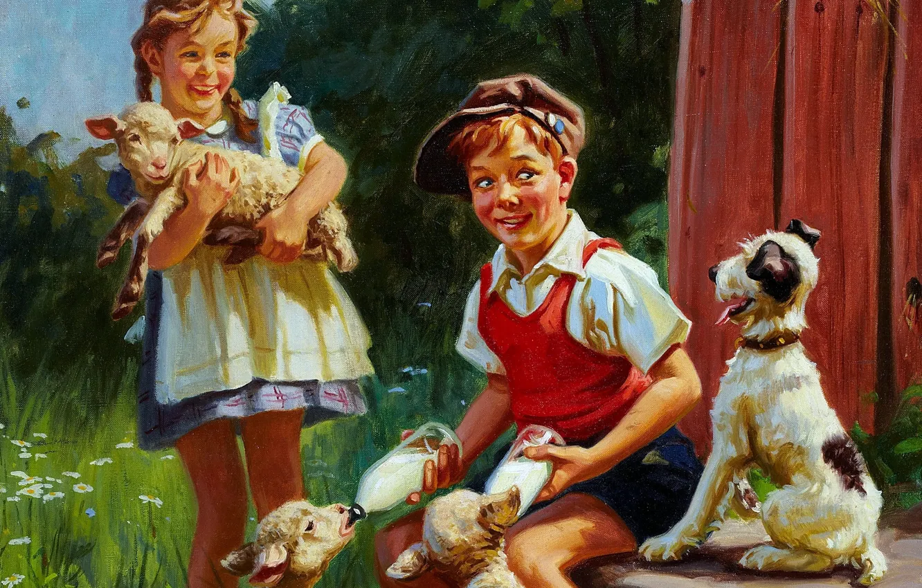 Photo wallpaper children, dog, boy, girl, summer, children, feeding, lamb