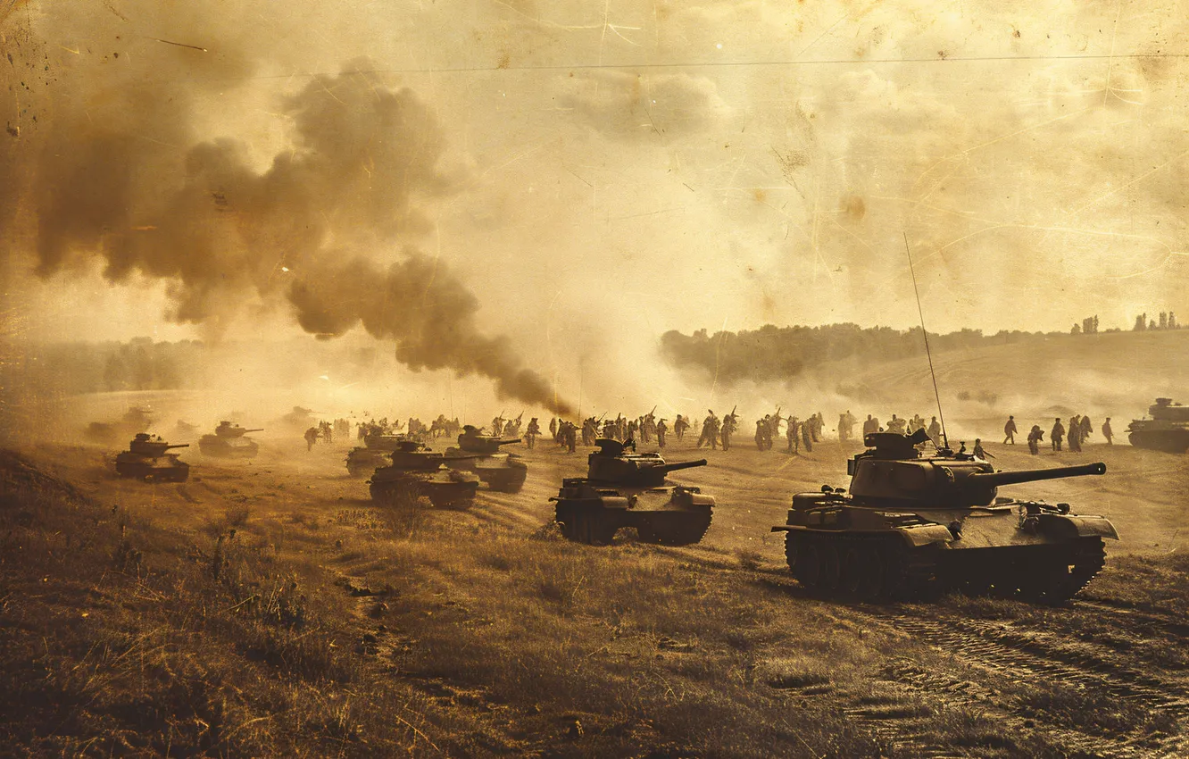 Photo wallpaper retro, soldiers, tank, black and white, digital art, AI art, The Art of Artificial Intelligence, …