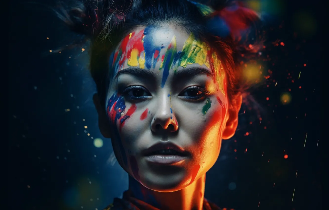 Photo wallpaper girl, face, paint, portrait, makeup, black background, painting, makeup