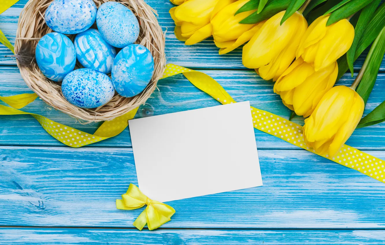 Photo wallpaper flowers, yellow, eggs, bouquet, colorful, Easter, tulips, yellow