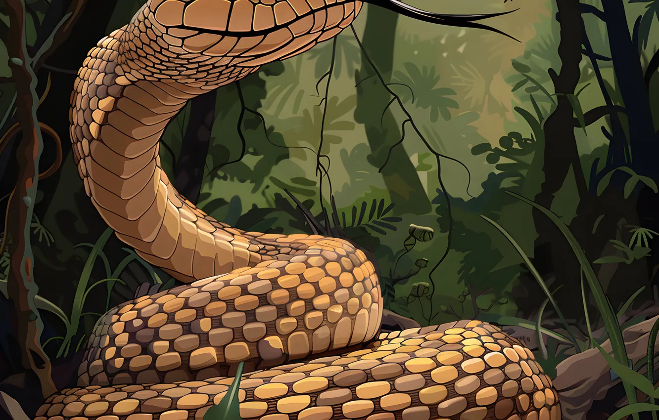 Photo wallpaper language, look, face, trees, animal, snake, jungle, art