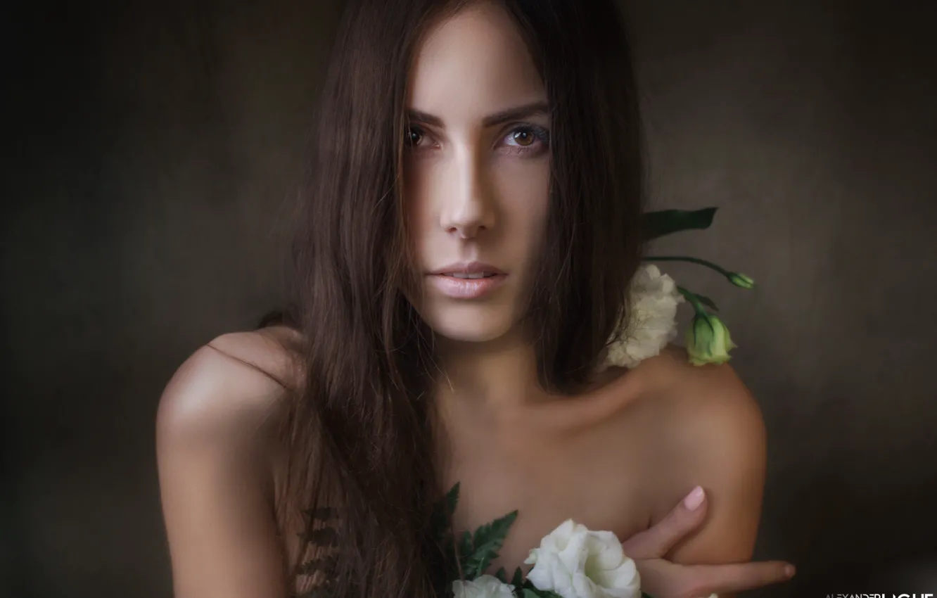 Photo wallpaper look, flowers, face, background, portrait, long hair, eustoma, Alexander Drobkov-Light