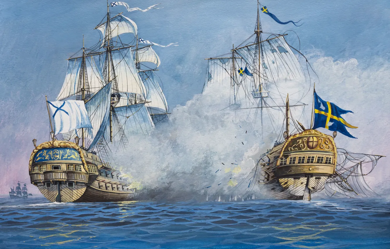 Photo wallpaper wave, oil, explosions, ships, bursts, battle, art, watercolor
