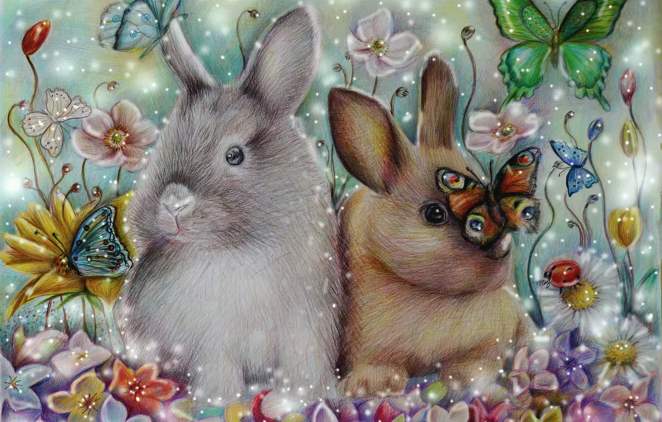 Photo wallpaper butterfly, flowers, rabbits, lilac, rabbits, Alena-Koshkar