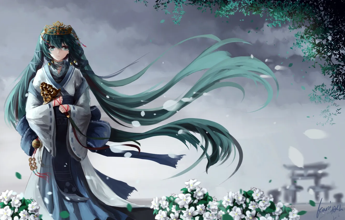 Photo wallpaper the sky, girl, clouds, flowers, anime, art, kimono, vocaloid