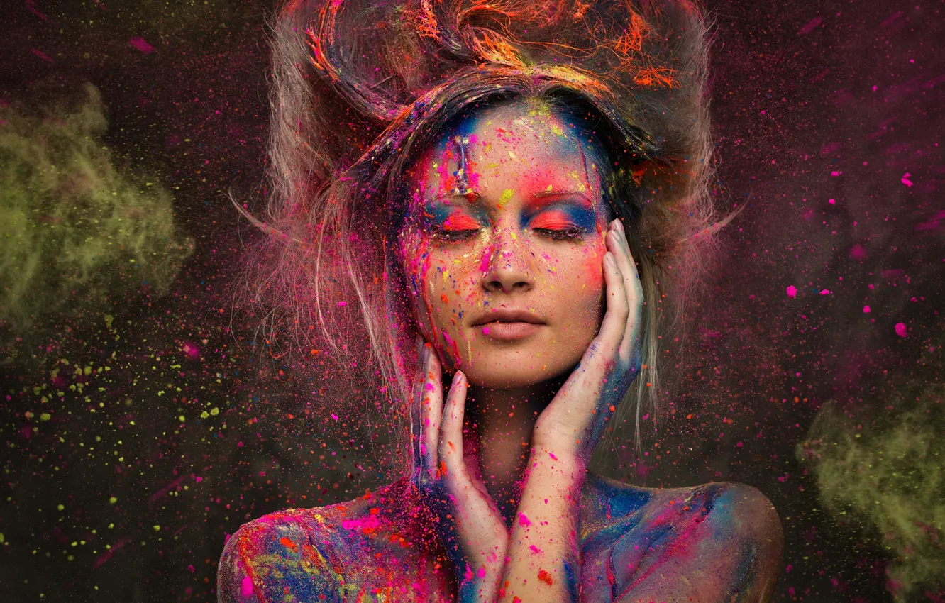 Photo wallpaper girl, squirt, paint, hairstyle, brown hair