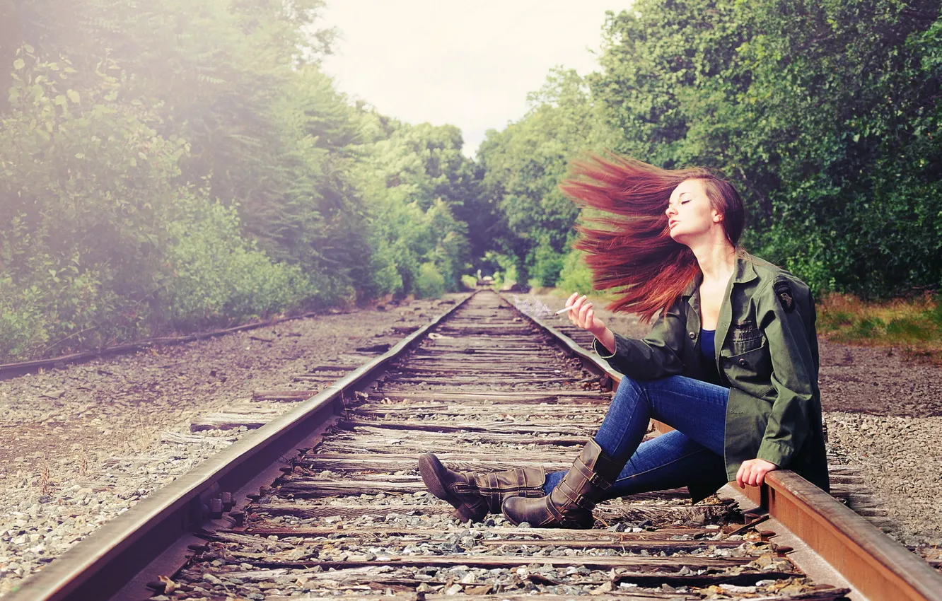 Photo wallpaper girl, mood, cigarette, railroad
