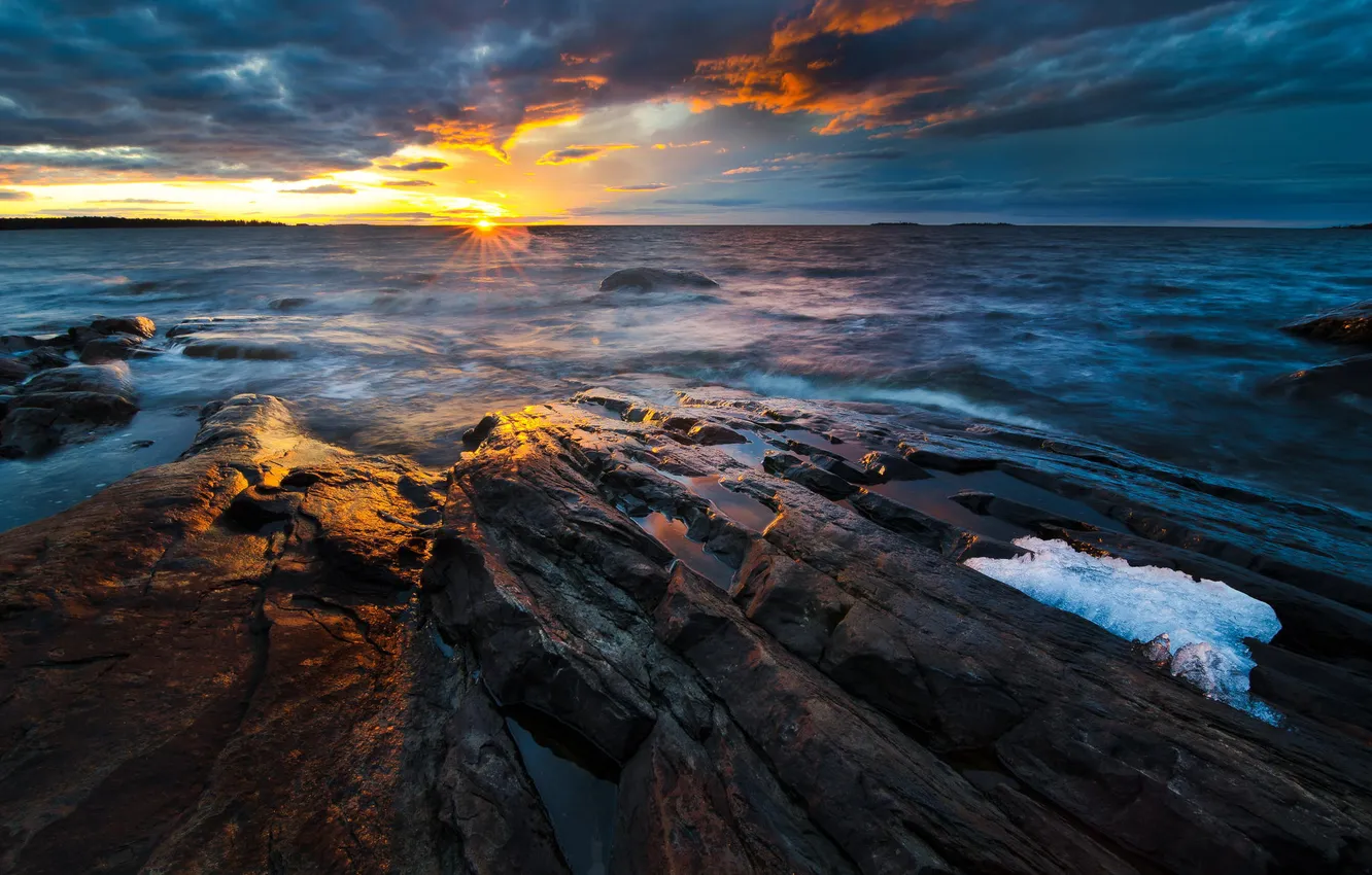 Photo wallpaper sea, water, the sun, clouds, landscape, sunset, stones, rocks