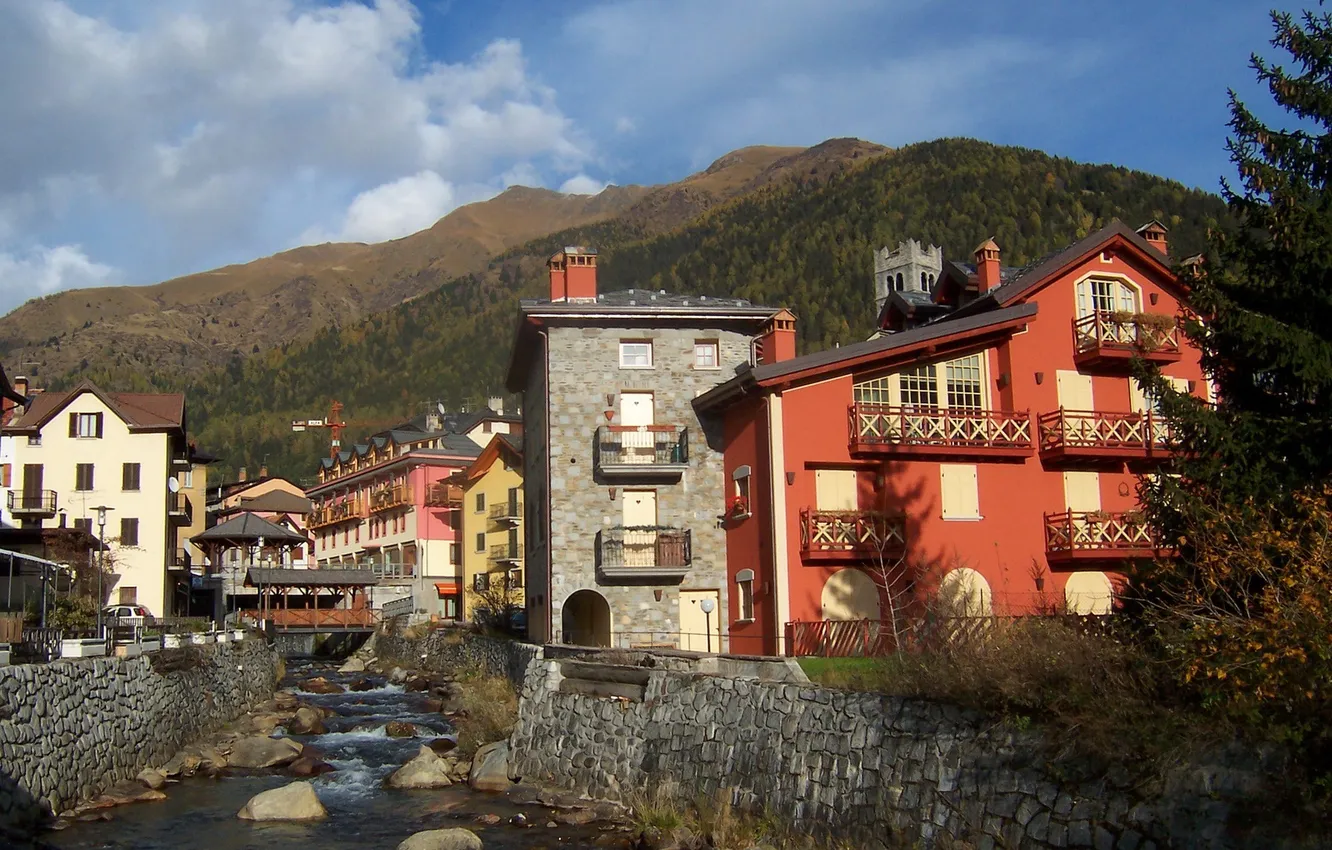 Photo wallpaper the sky, mountains, the city, river, stones, photo, Italy, Lombardy