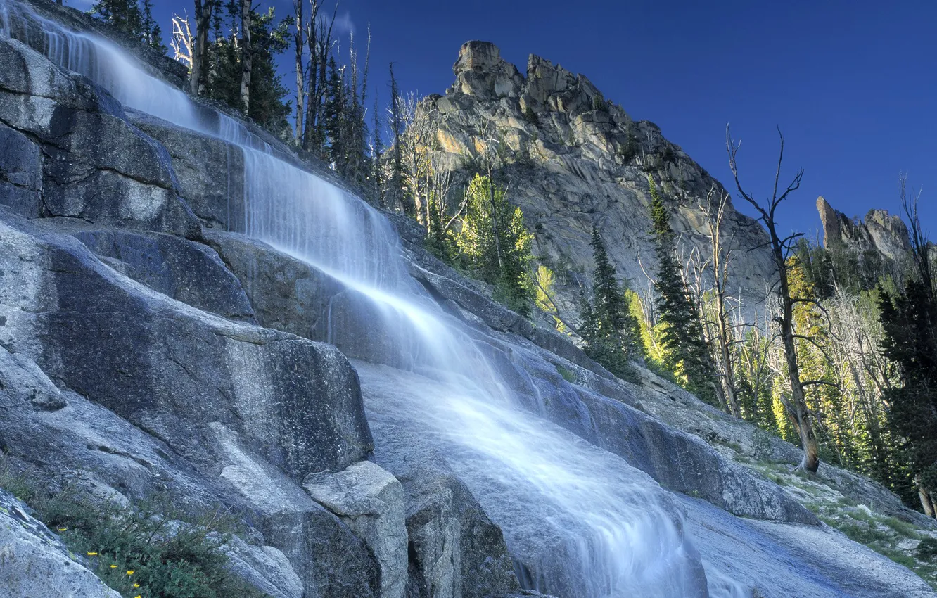Photo wallpaper the sky, trees, mountains, river, stream, rocks, waterfall, stream