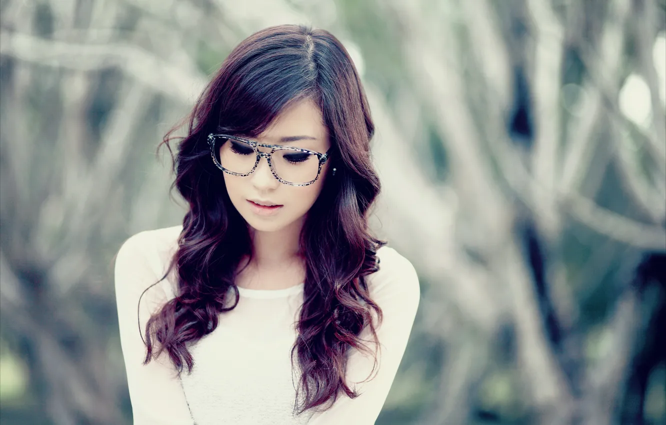 Photo wallpaper girl, glasses, brown hair, Asian