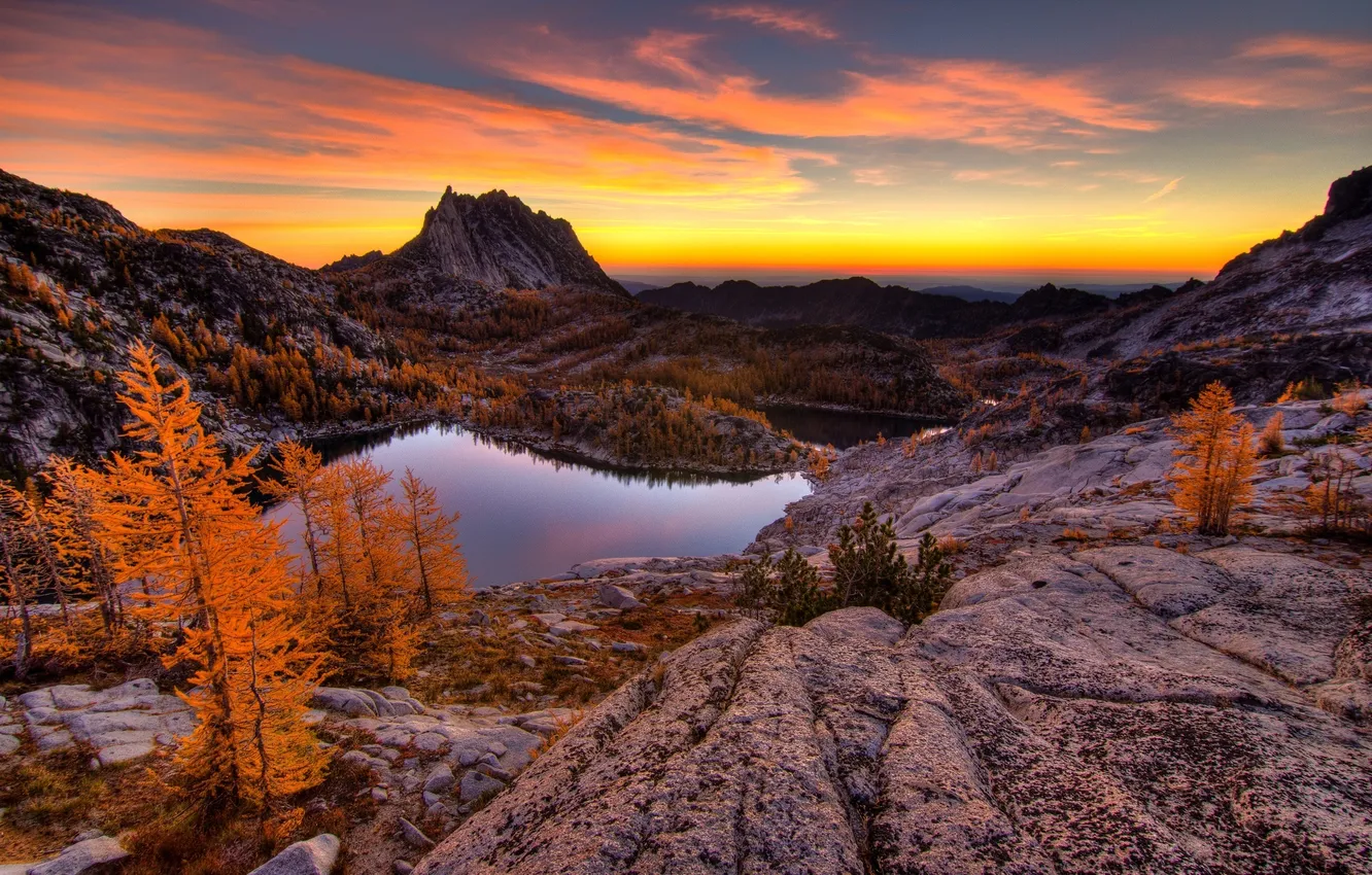 Photo wallpaper autumn, landscape, sunset, mountains, lake, rocks