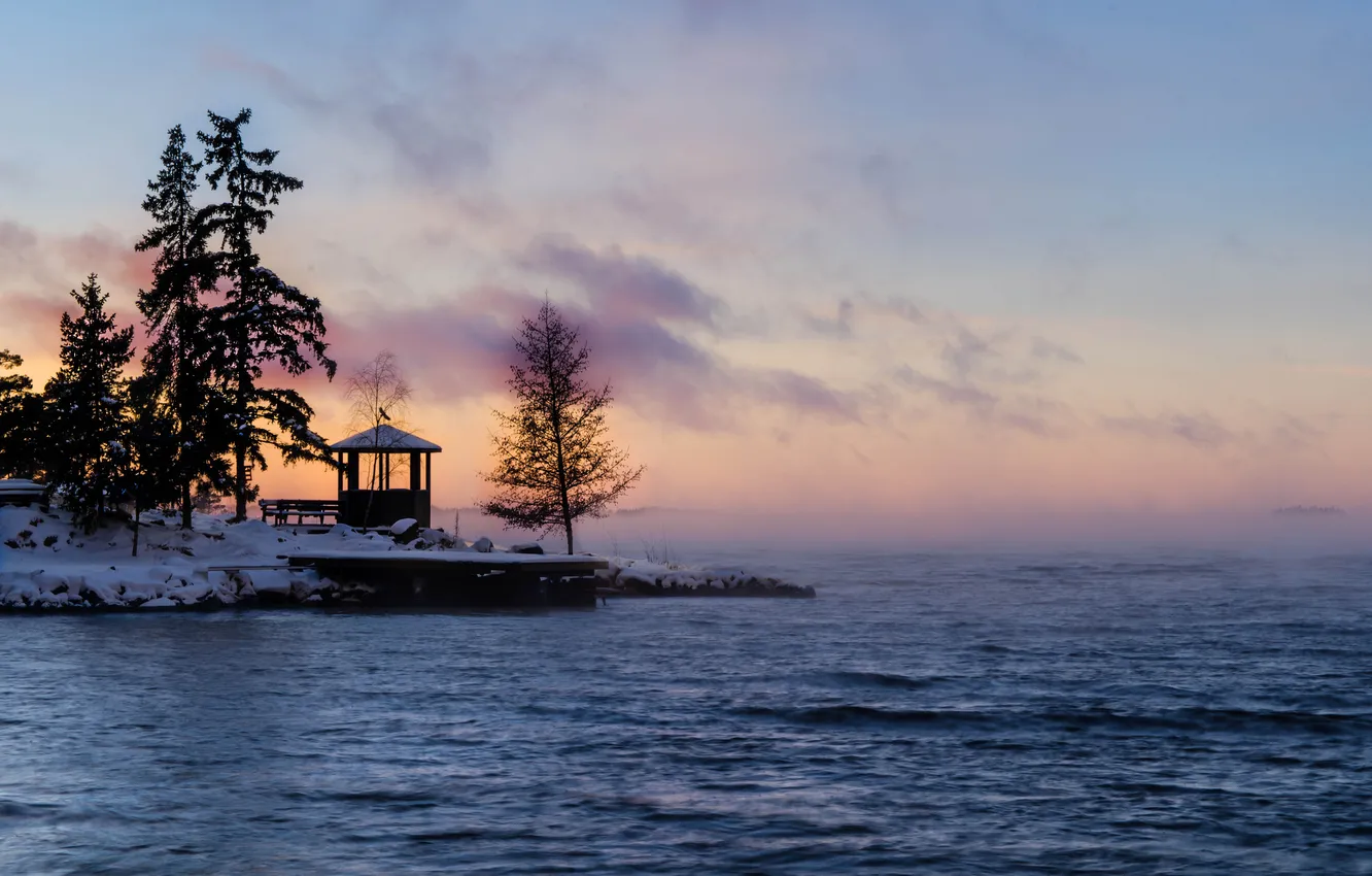 Photo wallpaper winter, fog, dawn, Bay, Sweden