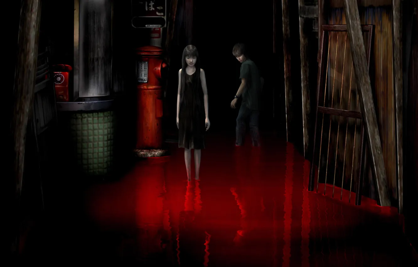 Photo wallpaper blood, Board, home, boy, girl, gloomy, Siren