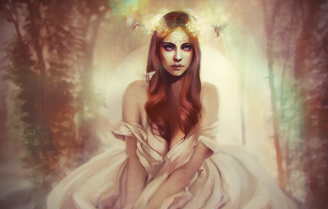 Photo wallpaper forest, look, girl, dress, wreath, moth