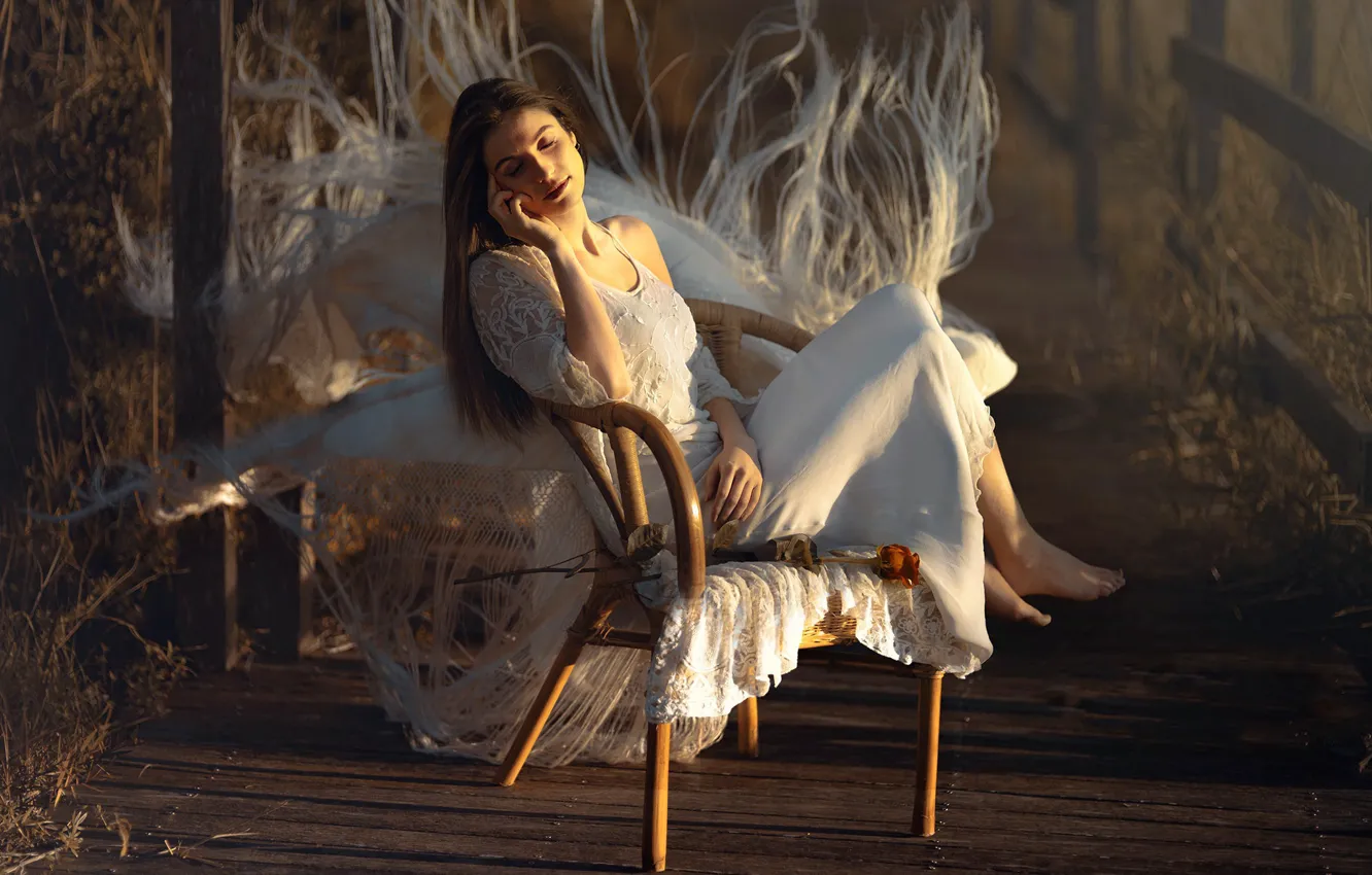 Photo wallpaper girl, roses, chair