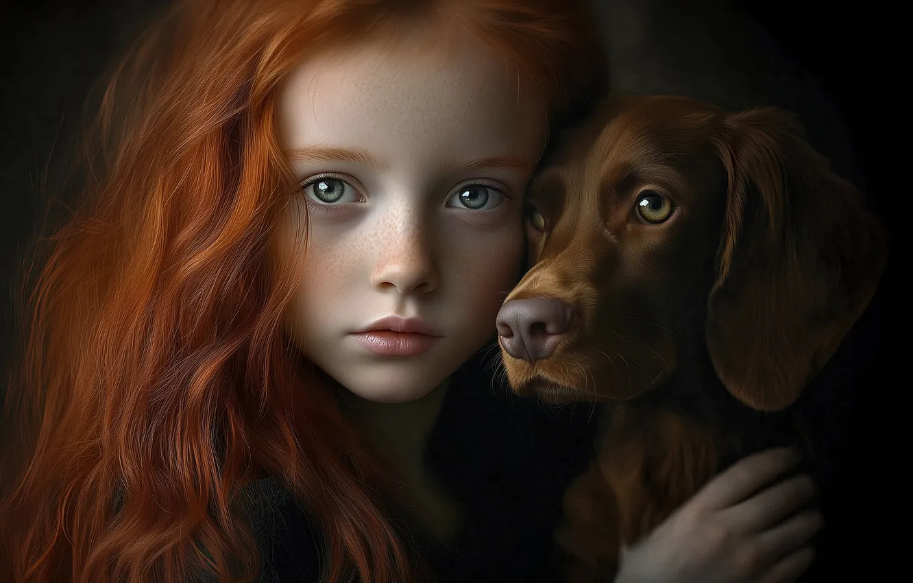 Photo wallpaper look, face, pose, the dark background, each, portrait, dog, girl