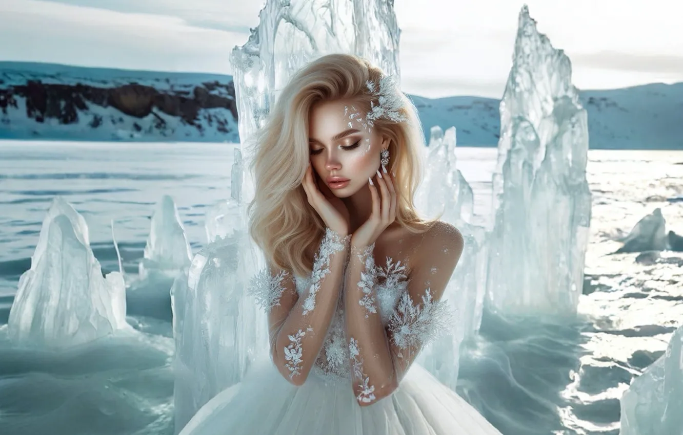 Photo wallpaper cold, ice, winter, girl, snow, decoration, mountains, pose