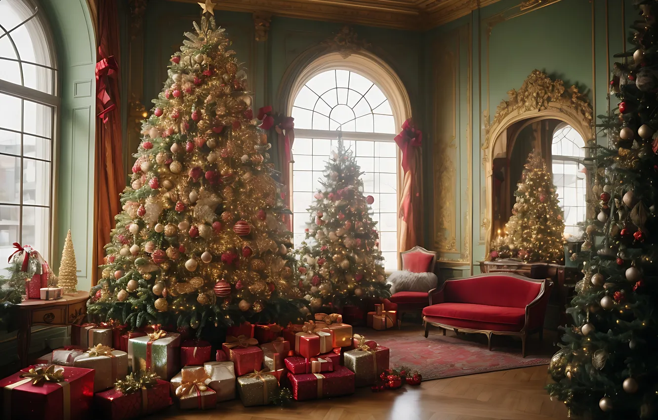 Photo wallpaper room, tree, new year, interior, Christmas, Christmas, tree, interior