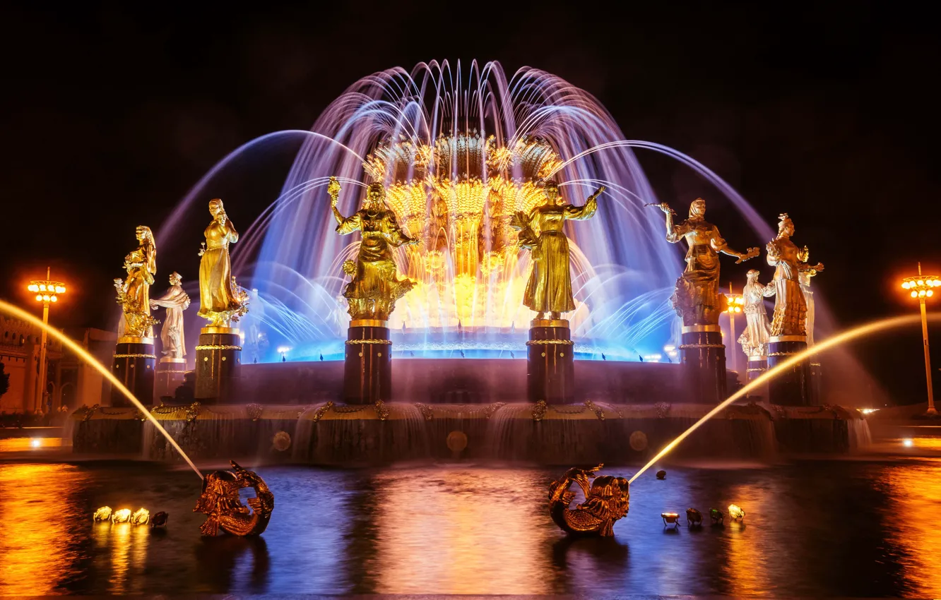 Photo wallpaper water, night, the city, backlight, lights, Moscow, fountain, ENEA