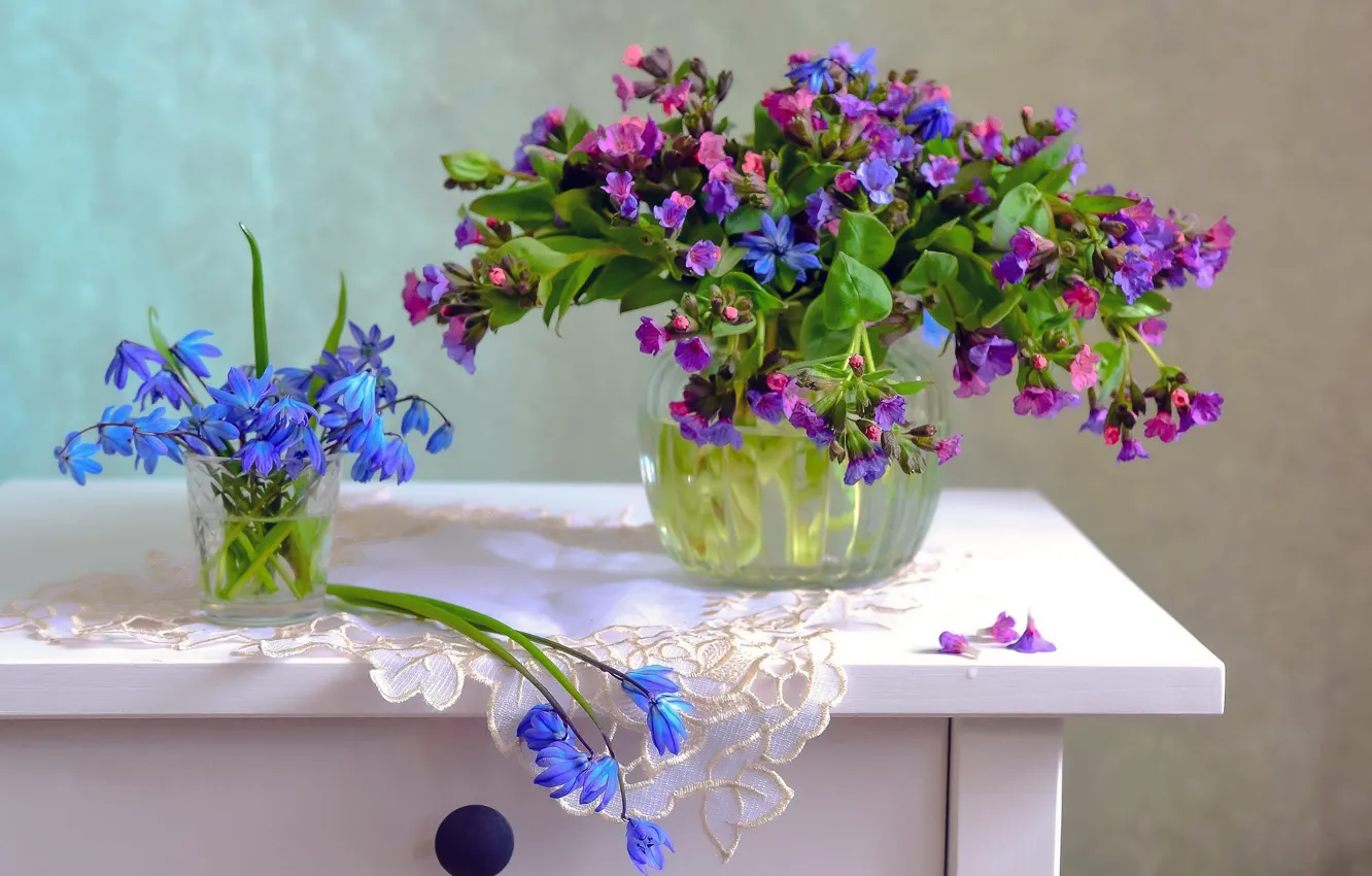 Photo wallpaper flowers, table, bouquet, blue, vase, pink, still life, a bunch