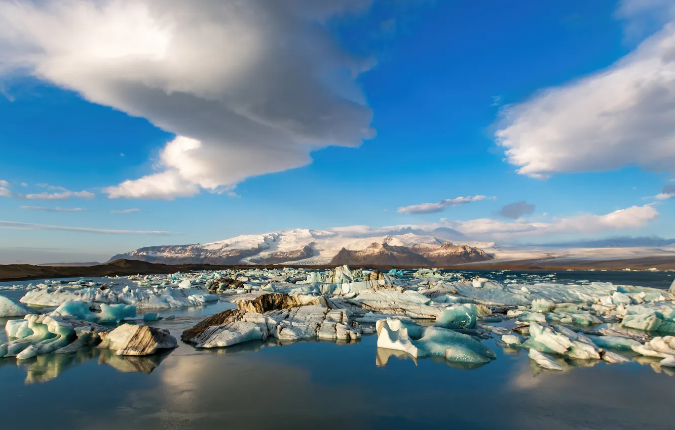 Photo wallpaper ice, clouds, blue, glacier, ice, pond