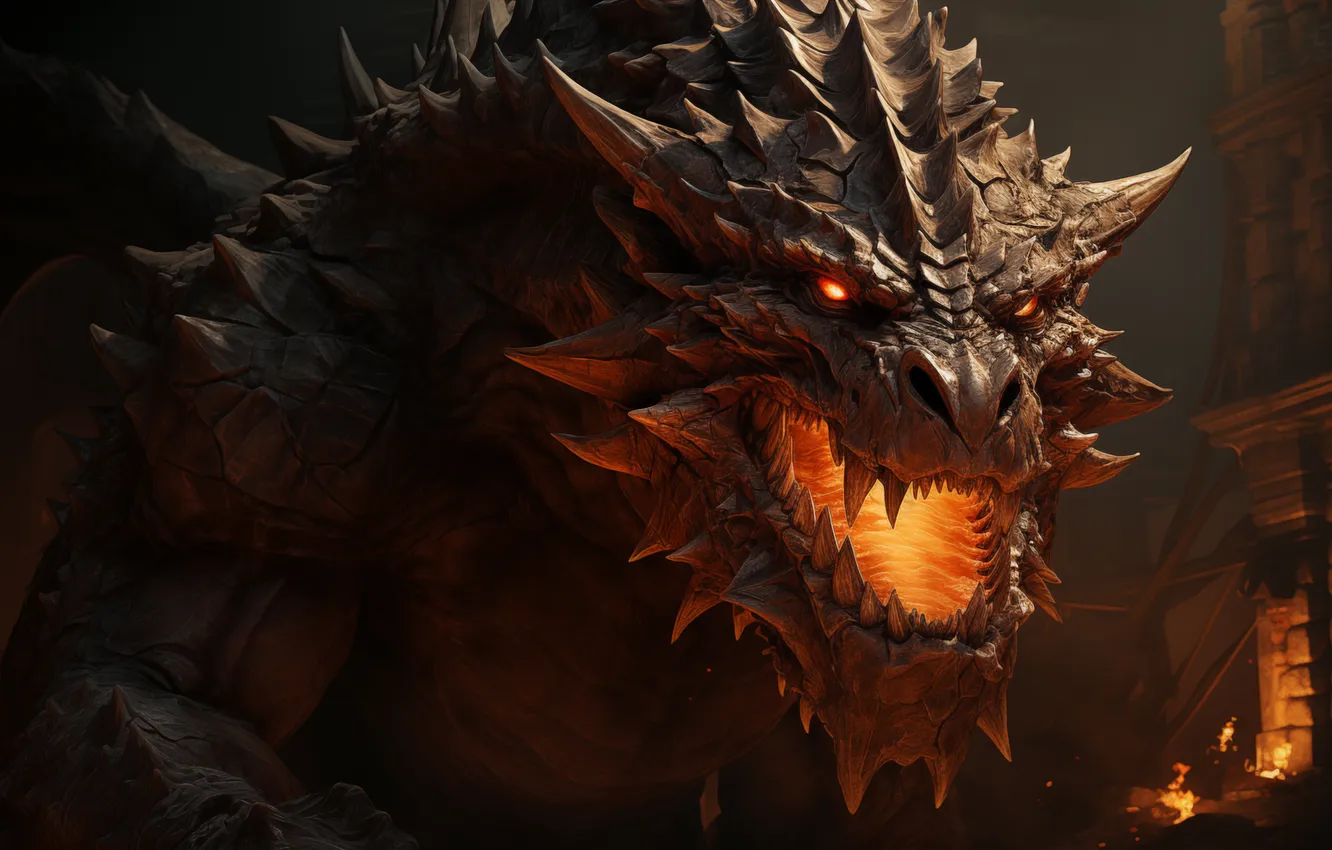 Photo wallpaper red eyes, dragon, digital art, spikes, creature, open mouth, Gull, glowing eyes