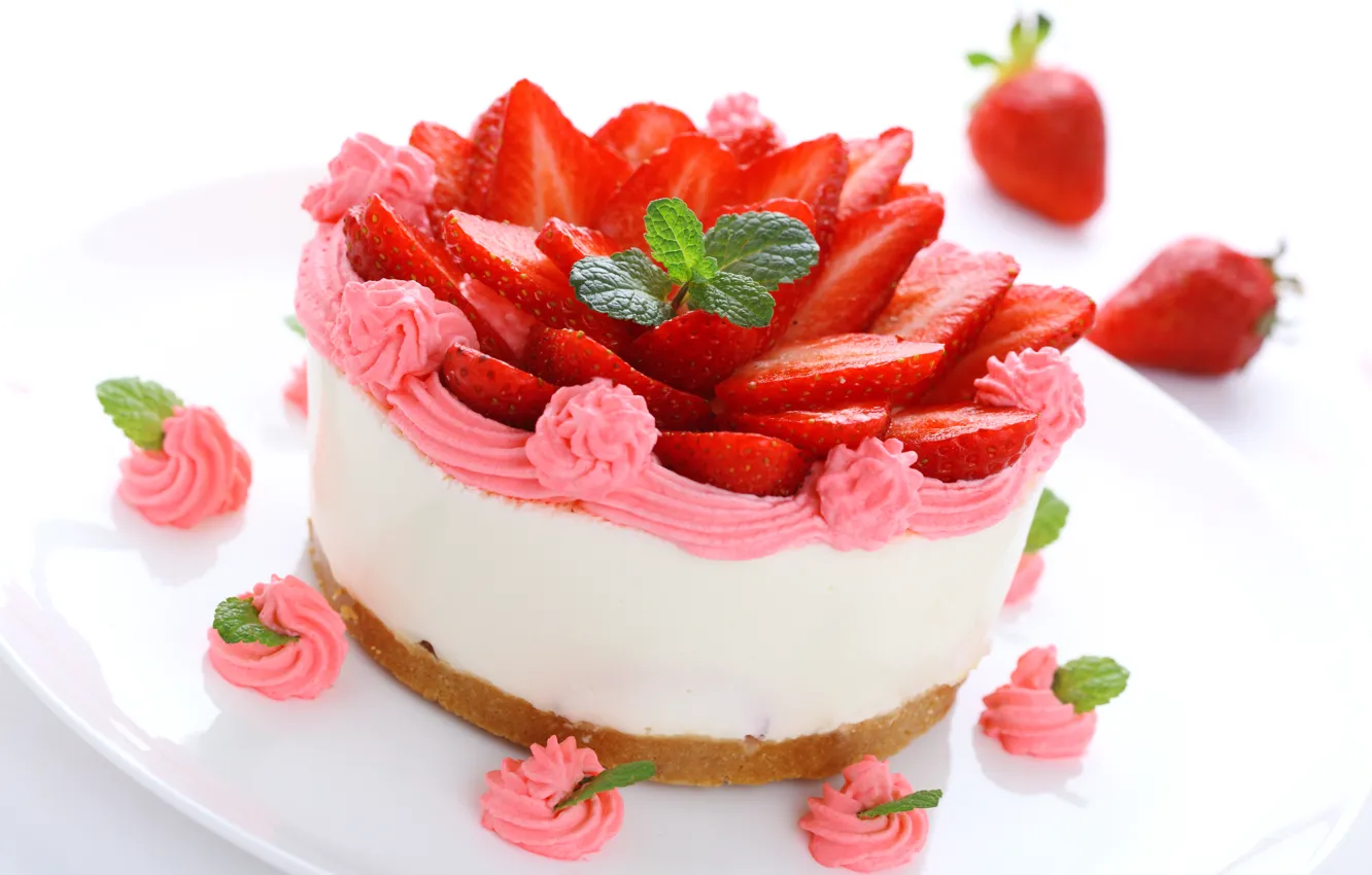 Photo wallpaper berries, strawberry, cake, cream, dessert, sweet