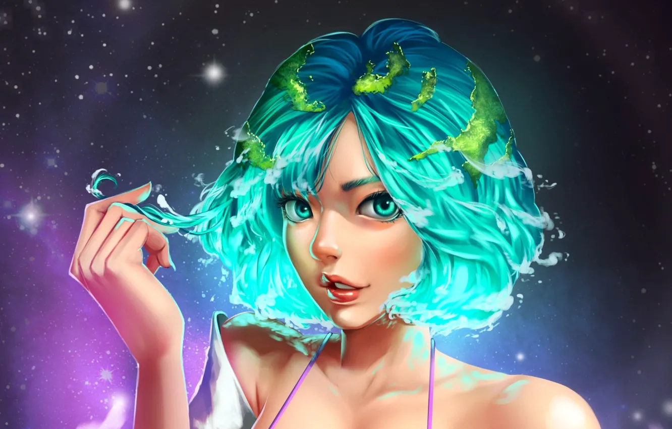 Photo wallpaper space, stars, clouds, space, beautiful girl, stars, planet earth, continents