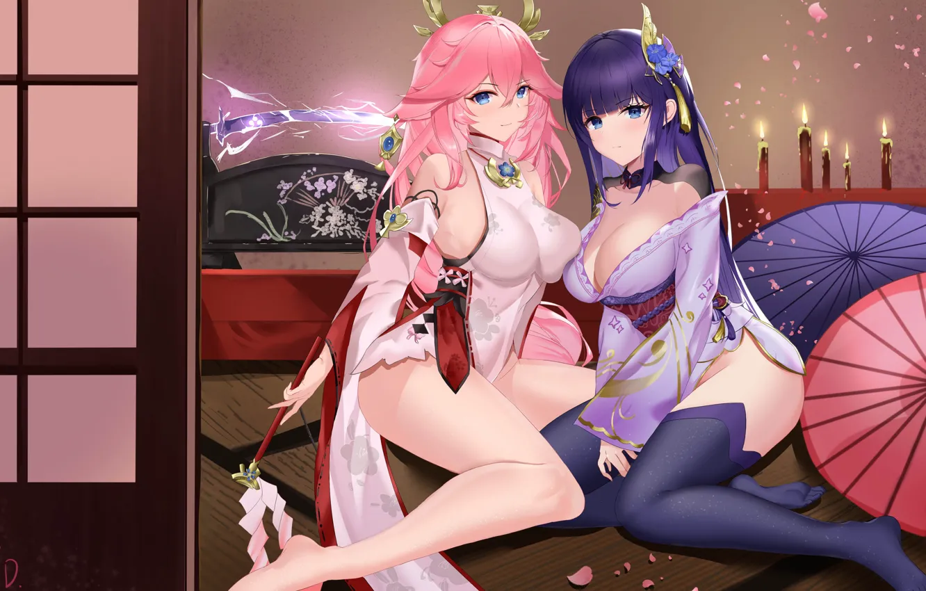 Photo wallpaper Raiden Shogun, gadis kawaii, yae miko genshin impact