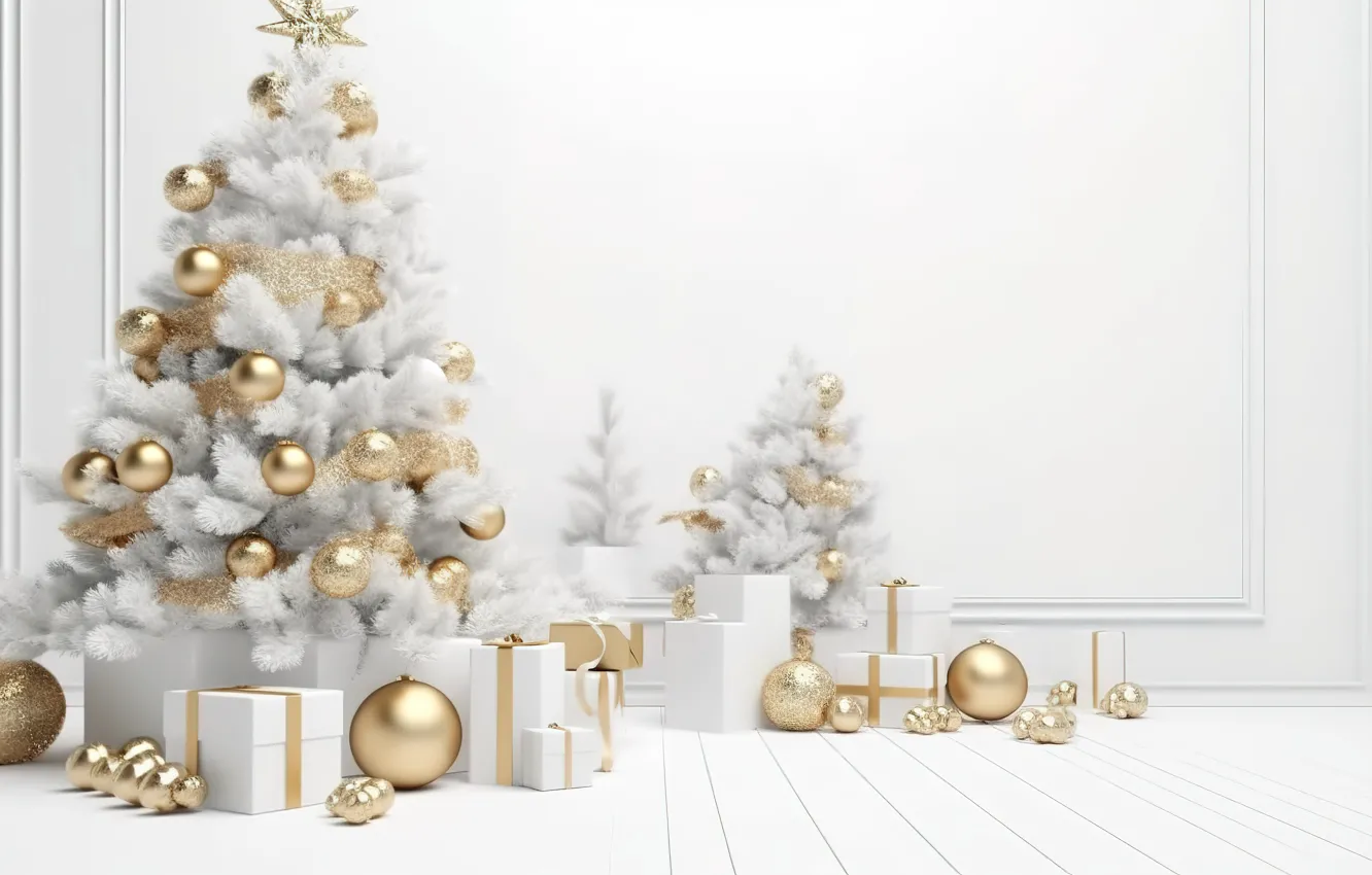 Photo wallpaper gift, balls, tree, new year, Christmas, golden, white, Christmas