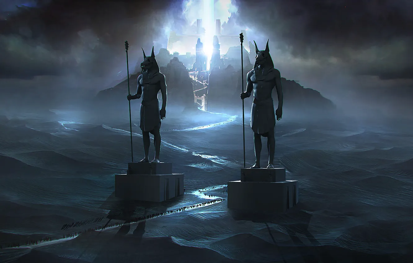 Photo wallpaper night, horizon, statue