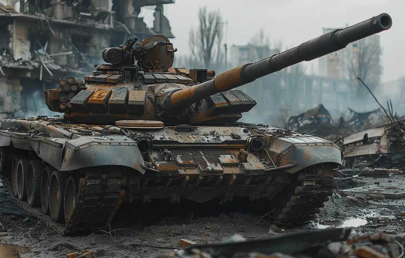 Photo wallpaper trees, the city, home, tank, devastation, digital art, AI art, The Art of Artificial Intelligence