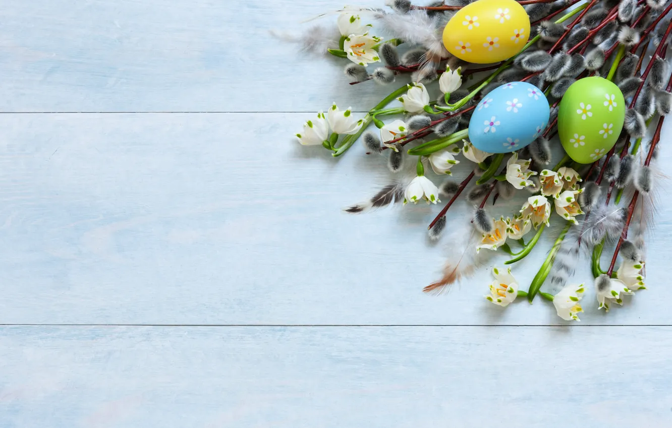 Photo wallpaper flowers, eggs, colorful, Easter, happy, wood, Verba, flowers