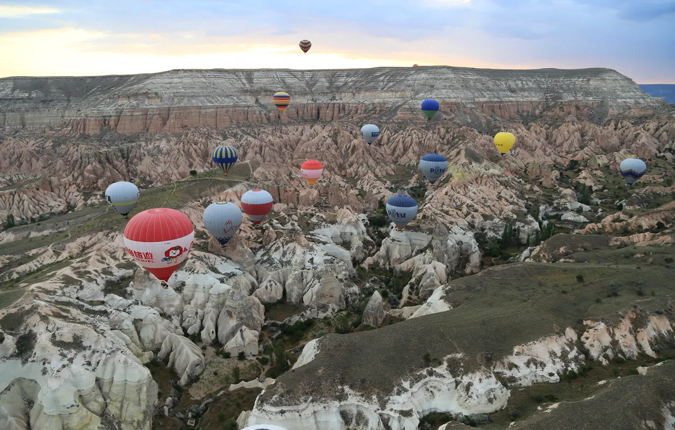 Photo wallpaper the sky, clouds, mountains, balloon, Turkey, plateau, Cappadocia
